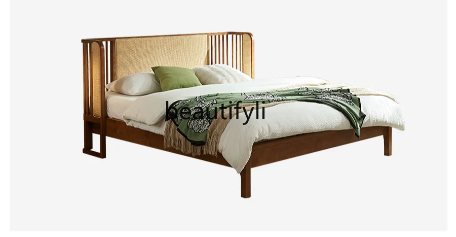 

Retro Style Solid Wood Rattan Double Bed Silent Style White Wax 1.8 M Big Bed Homestay Hotel Bedroom Rattan Furniture