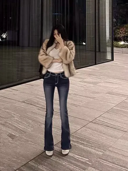 

Retro Deep Blue Slim Fit Low Waist Bell Bot Jeans Women's Basic Sli Butt Lifting Slimming Long Pants