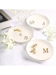 Initials Ring Dish Jewery Tray with Personalized A-Z Monogrammed Gifts Wedding Engagement for Women Friends sister,Ceramic White