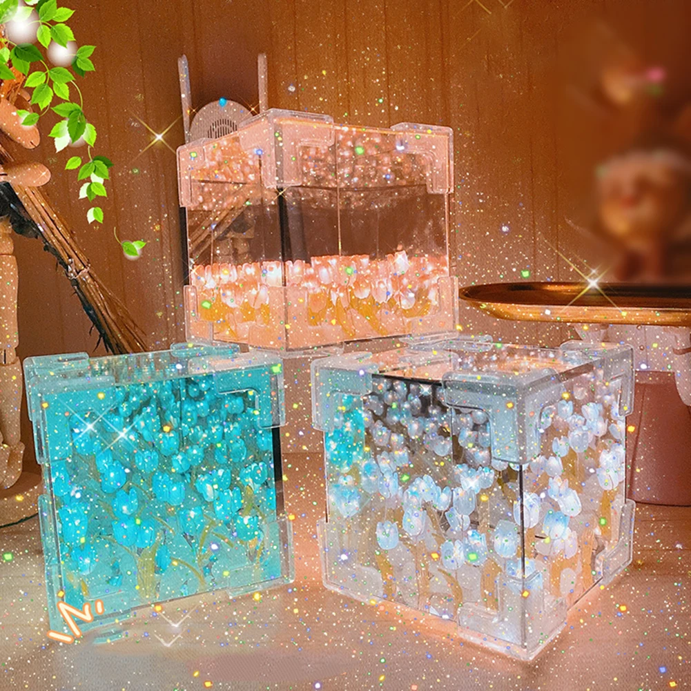 Tulip Night Light Handmade DIY Material Cube Tulip Flower Sea Night Light Creative Night Light Bedroom Decor Atmosphere Lamp