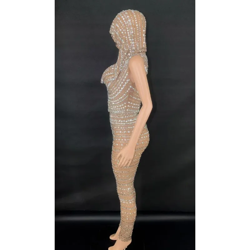 반짝이는 시스루 긴팔 장갑 다이아몬드 롬퍼 나이트 클럽 프롬 바디수트 여성 섹시 이브닝 파티 라인스톤 점프수트