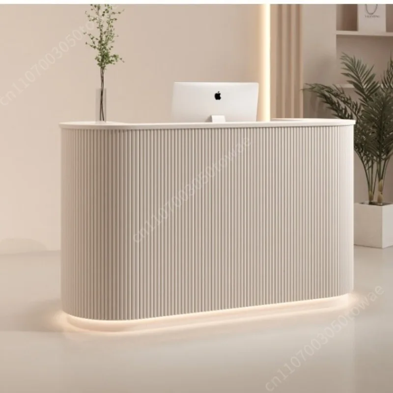 Curved Vertical Fluted Reception Desk with LED Ambient Light, Creamy White Modern Front Desk for Salon, Spa & Business