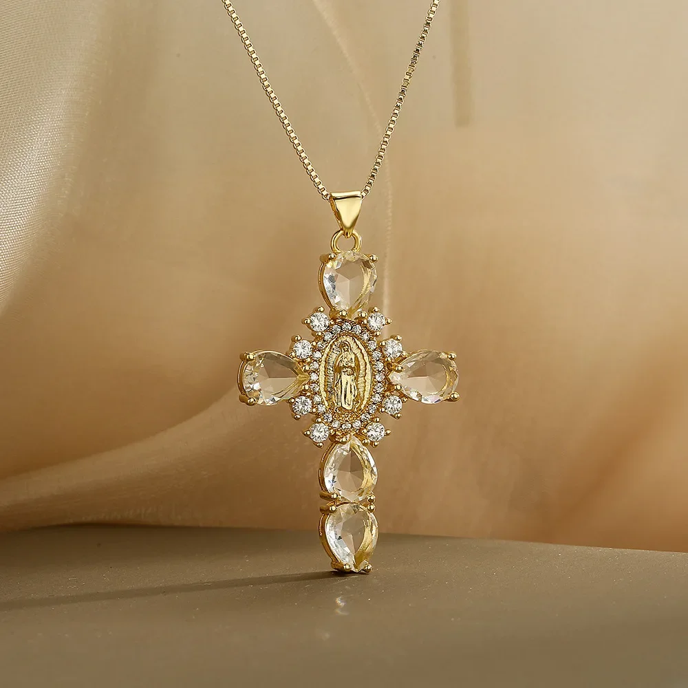 Fashionable Palace Style Zircon Virgin Mary Relief Cross Pendant Necklace, The First Choice Gift for Family and Friends