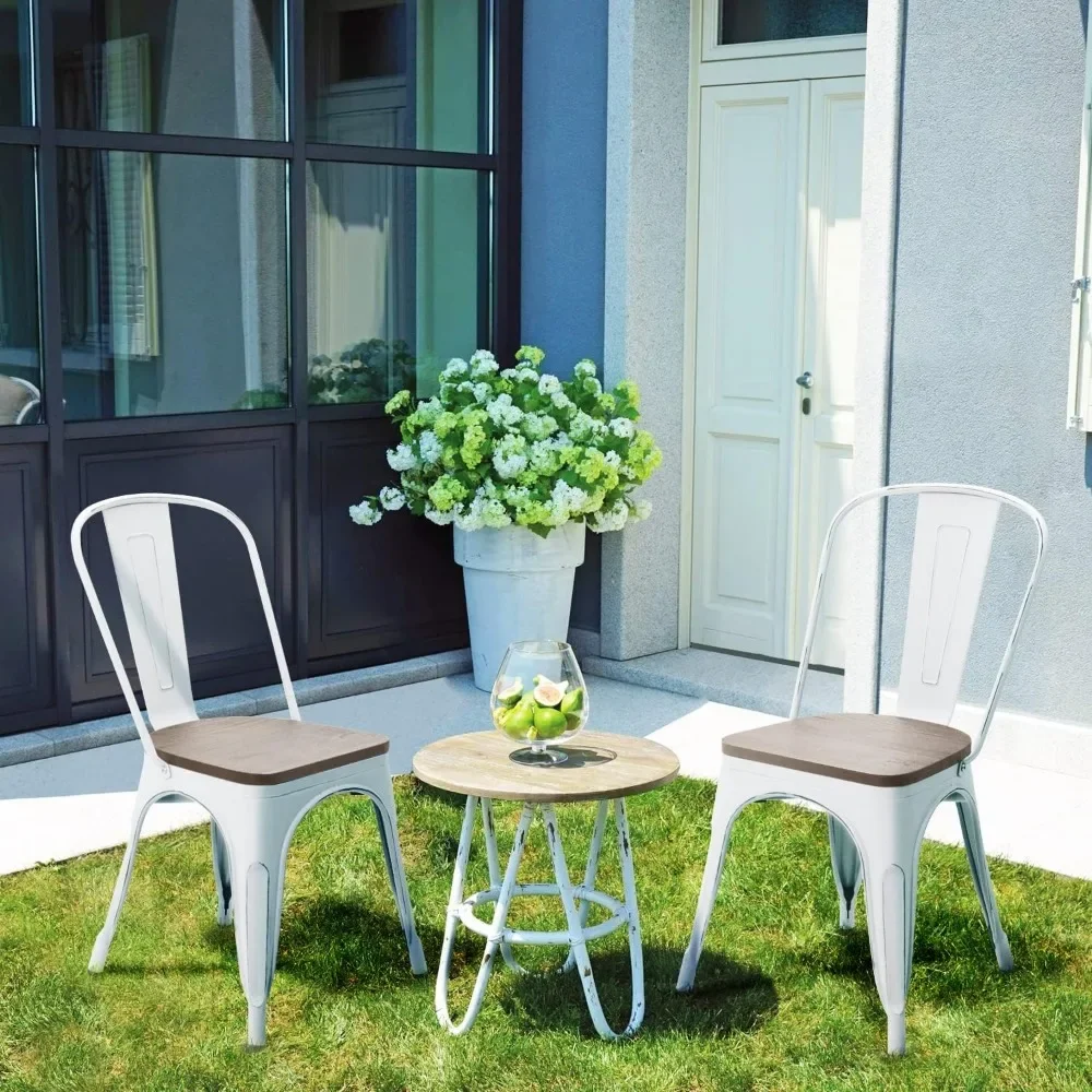 Metal Dining Chairs with Wood Seat, Indoor Outdoor Use Stackable Industrial Metal Chairs Set of 4 for Kitchen