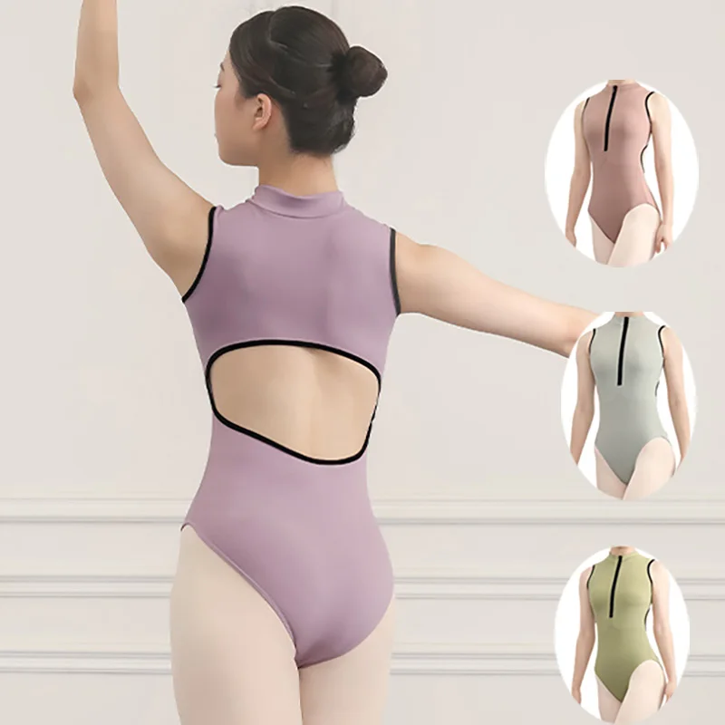 

Women Ballet Leotard Adult Front Zip Backless Gymnastics Bodysuit Sleeveless Solid Color Dancewear Female Yoga Dance Clothes