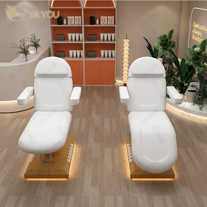Electric 3-Motor Facial Massage Bed With Wood Grain Base And Foot Control For Beauty Salon Spa