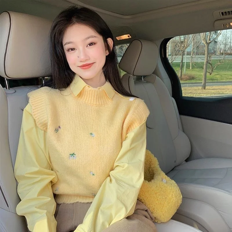 

Shirt Knitted Two-piece for Women's Wear 2023 Short Vest Sweater Blusas Clothes for Women Tops Shirts Blouses