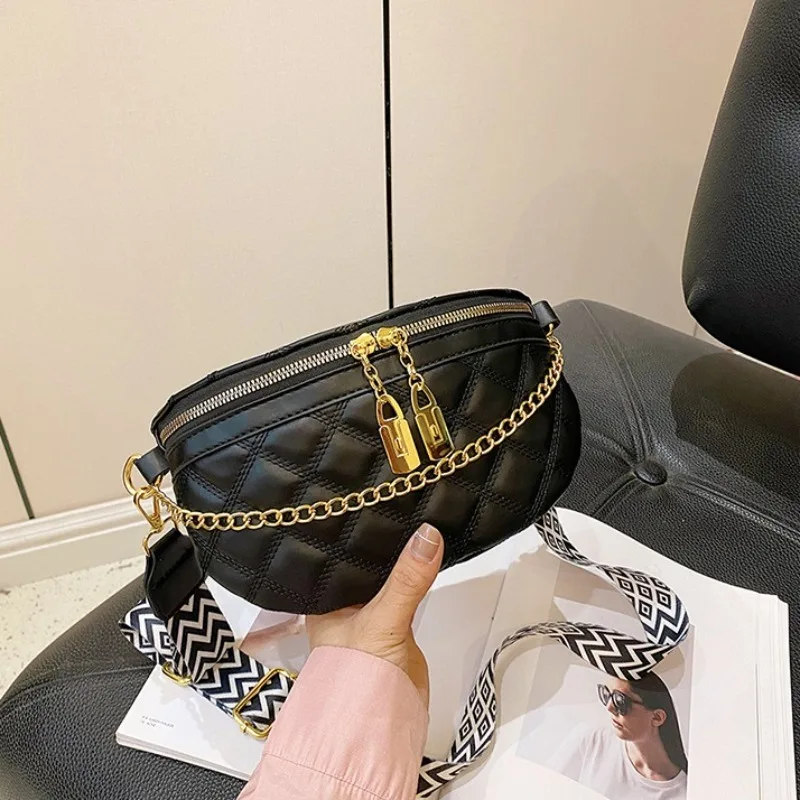 Luxury Diamond Lattice Chain Fanny Packs For Women Stylish Chain Zipper Waist Bag Female Waist Pack Ladies Crossbody Chest Bag