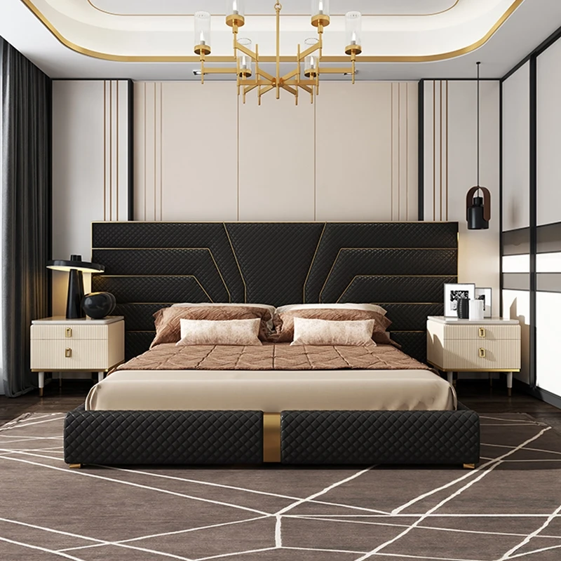 xj-Light Luxury Home Furniture King Queen Size Storage Bedroom Furniture Set Stainless Steel Top Grain Leather With Bed Bench*