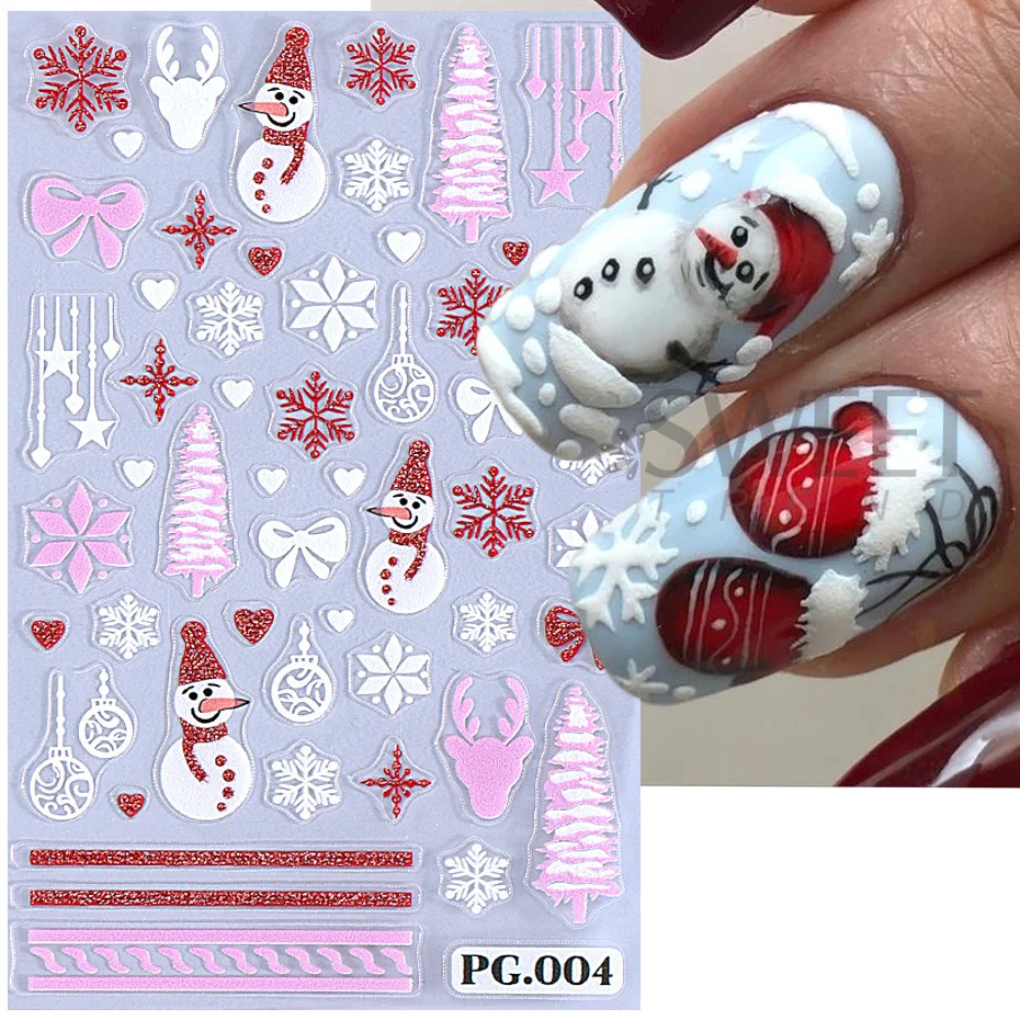 5D Red White Glitter Threaded Christmas Nail Stickers Snowflake Candy Cane Snowman Cookie Man French Plaid Sweater Winter Decor