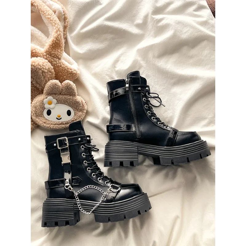 

Lolita Punk Thi Bot Boots Women's Spring Autumn New Sle Briti Retro ort Boots round Toe High Heel Rubber Sole