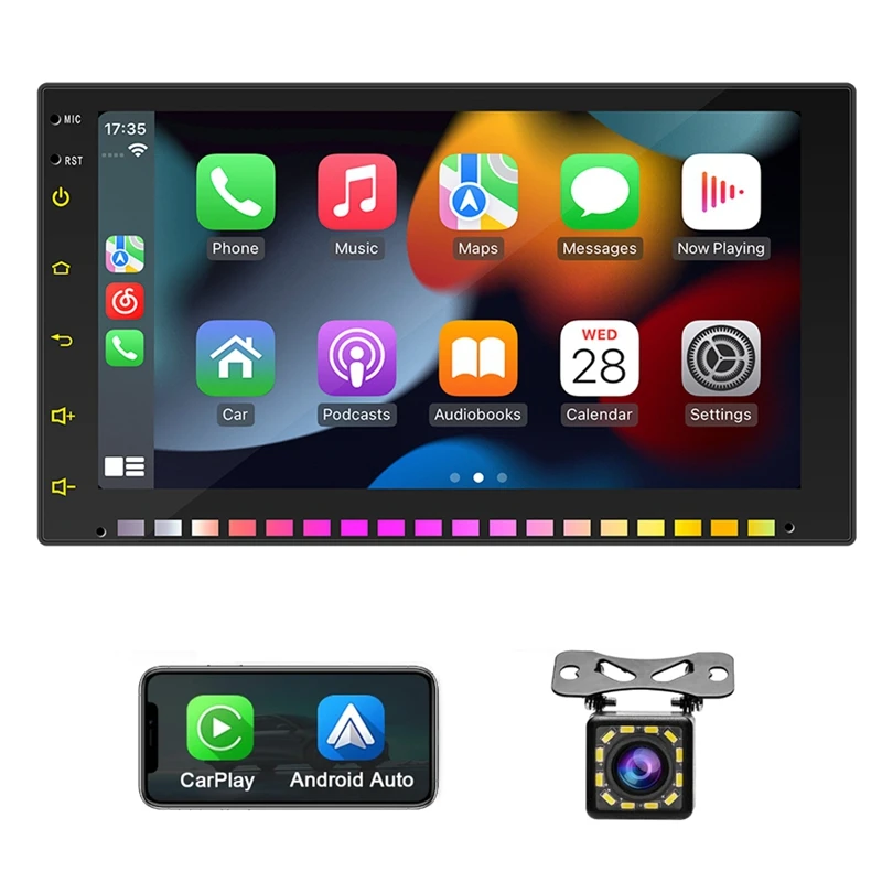 

Double Din Car Stereo Carplay & Android Auto, 7 Inch RGB Car Radio Touchscreen Bluetooth, Car Audio With FM, Rear Camera