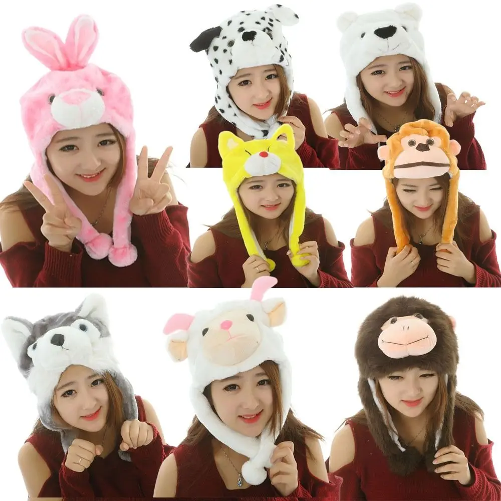 Cartoon Plush Moving Hat Neck Warmer Trapper Hat Animal Earflap Hat Funny Toys Ear Protection Movable Ears Airbag Cap Christmas