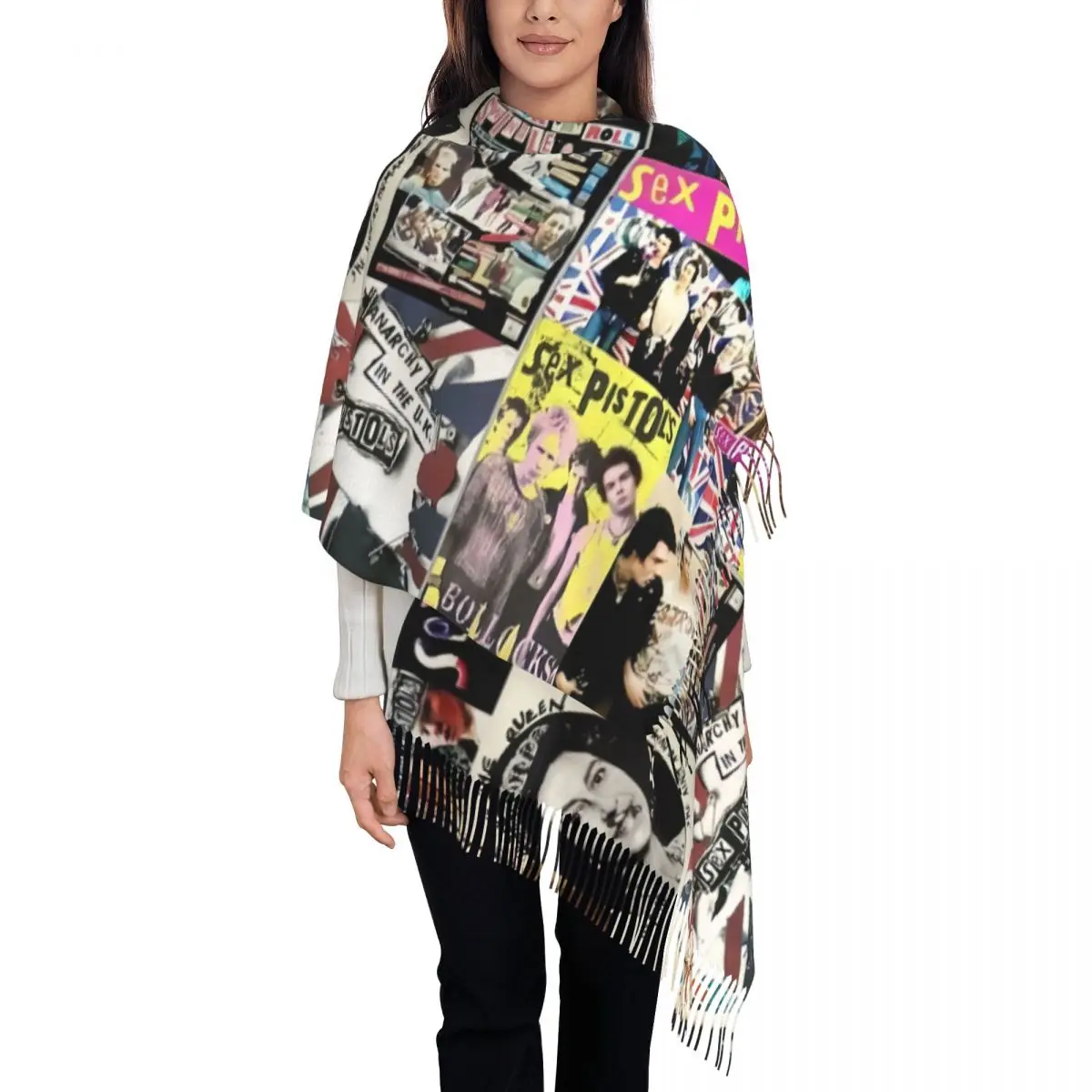 Custom Rock Band Sex Pistols Photo Collage Tassel Scarf Women Soft Heavy Metal Shawl Wrap Lady Winter Fall Scarves