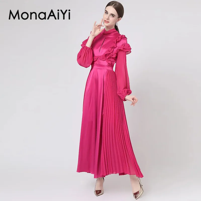 

MonaAiYi Autumn Women's Dress Stand Collar Lantern Sleeved Flounced Edge Pleated Splicing Vintage Party Ball Gown Dresses