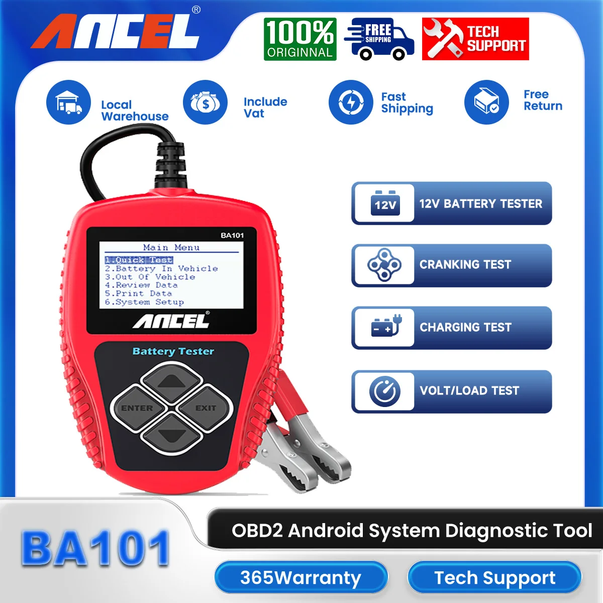 Ancel BA101 OBD Car Batteries Tester 12V Digital Battery Test 100 to 2000CCA 220AH VOLT/LOAD TEST Load Analyzer Tools for Car