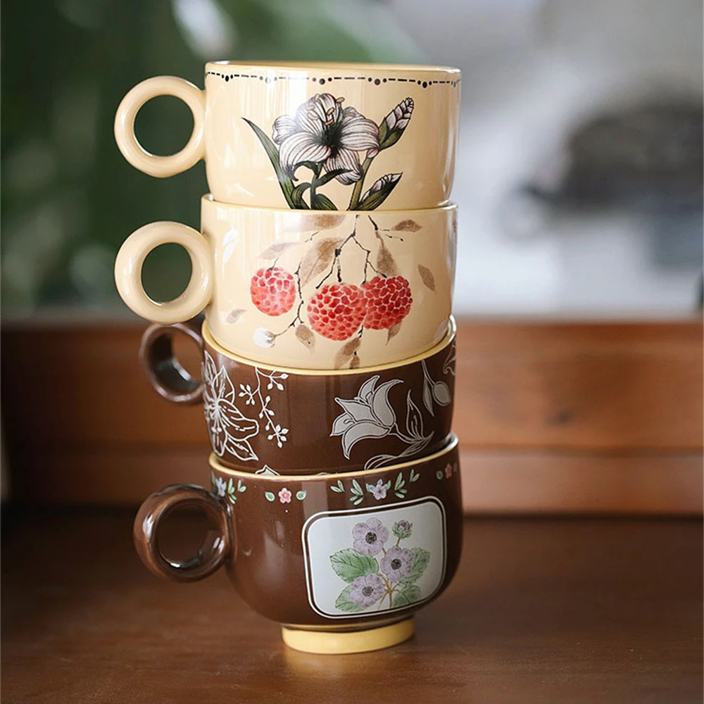 الإبداعية الجديدة الصينية القدح عالية اللون قيمة لوازم المطبخ فنجان القهوة لاتيه الفاوانيا ليتشي زنبق البنفسجي المطبوعة كوب سيراميك 210 مللي