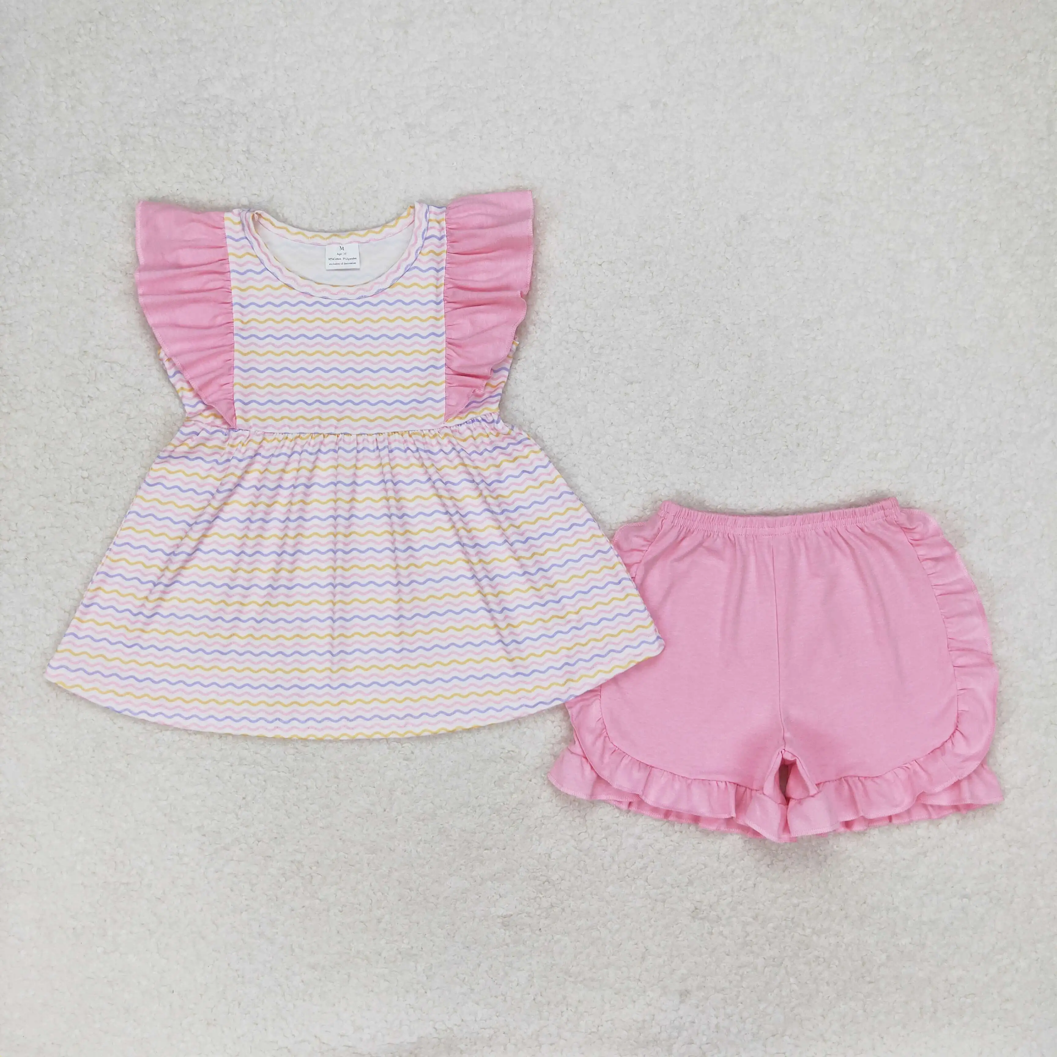 

z99-20 GSSO0976 Wholesale baby girls clothes Blue yellow striped pink lace sleeveless shorts Summer kids clothes girls