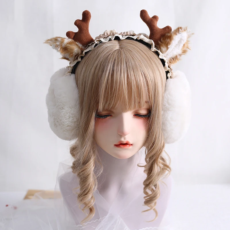 Lolita Girl Christmas Warm Elk Deer Earmuffs Headband New Year Plush Foldable Ear Protector Hair Band Gift