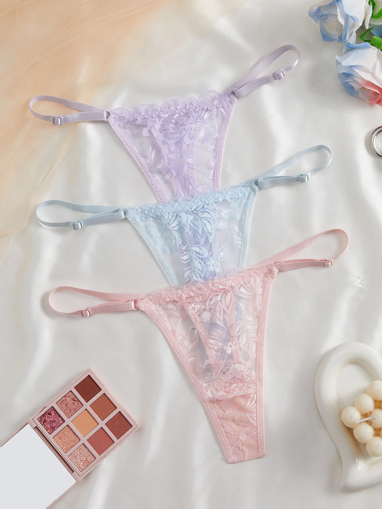 3-teiliges Set Spitzen-Stringtangas für Damen, sexy, verstellbarer dünner Bund, Intimwäsche – Detail 8