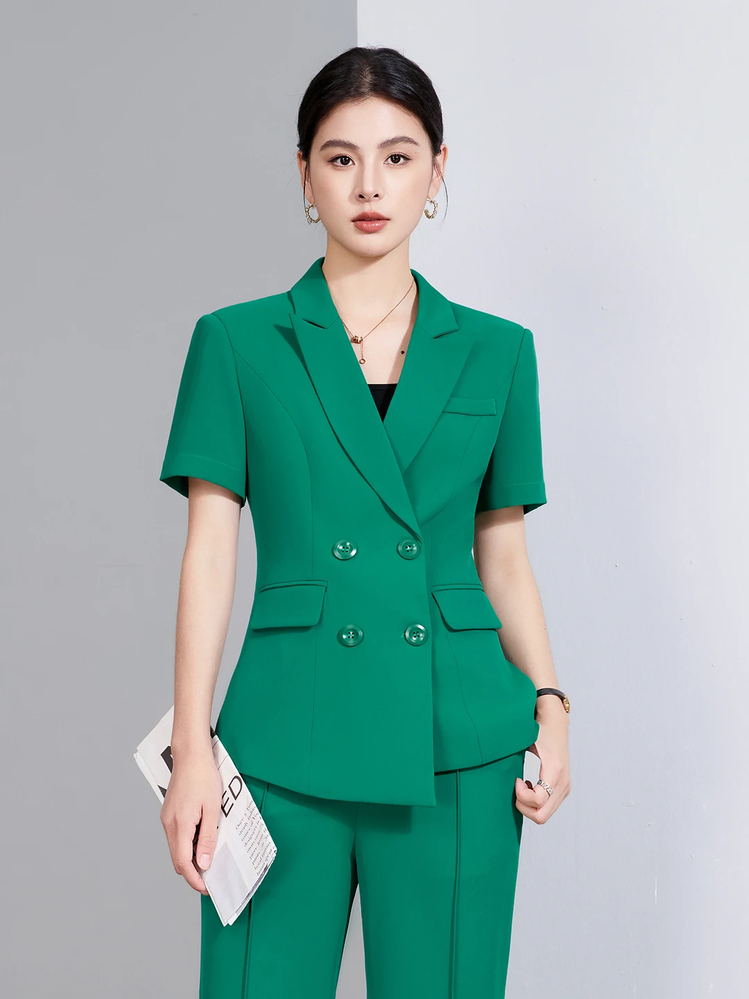 Women's Short Sleeve Suit Jacket Formal Workwear Interview Outfit Professional Commute Style Polyester Fiber Button Detail