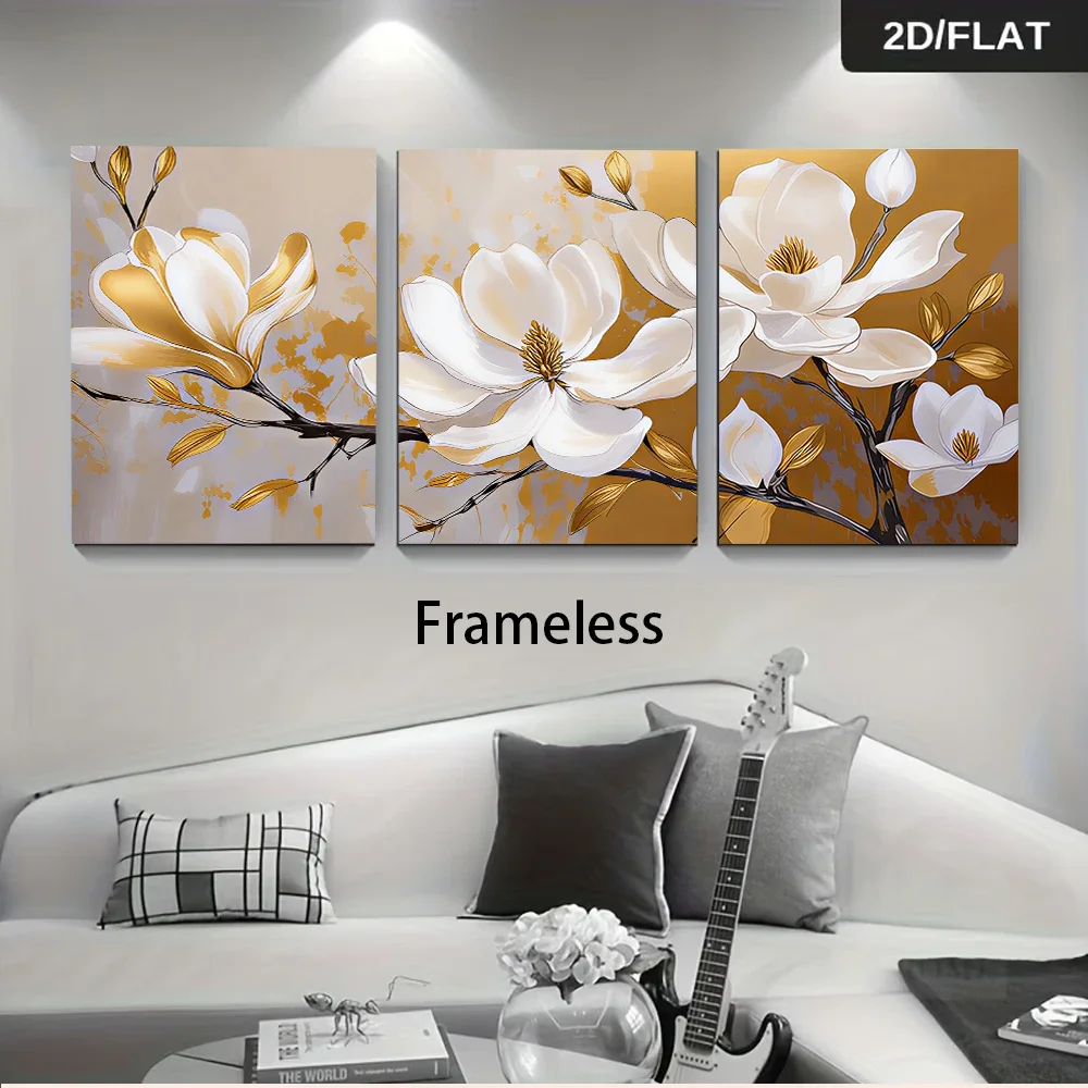 Multiple sizes 3pc frameless Canvas Painting three-panel frameless decorative paintings, abstract art of golden magnolia flowers