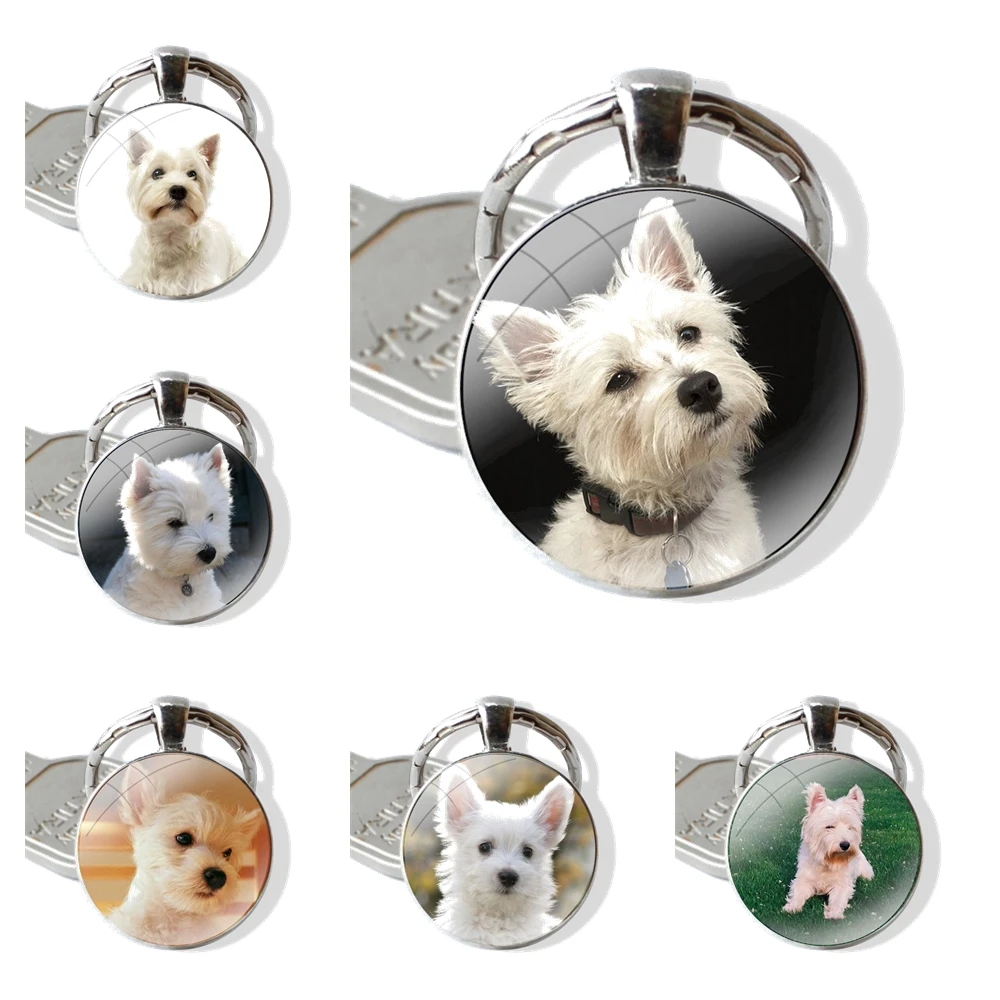 Cute Lover Fashion Keychain Handmade Glass Cabochon Key Ring Holder Pendant Key Chains Westie Terrier Dog Puppy Highland Terrier