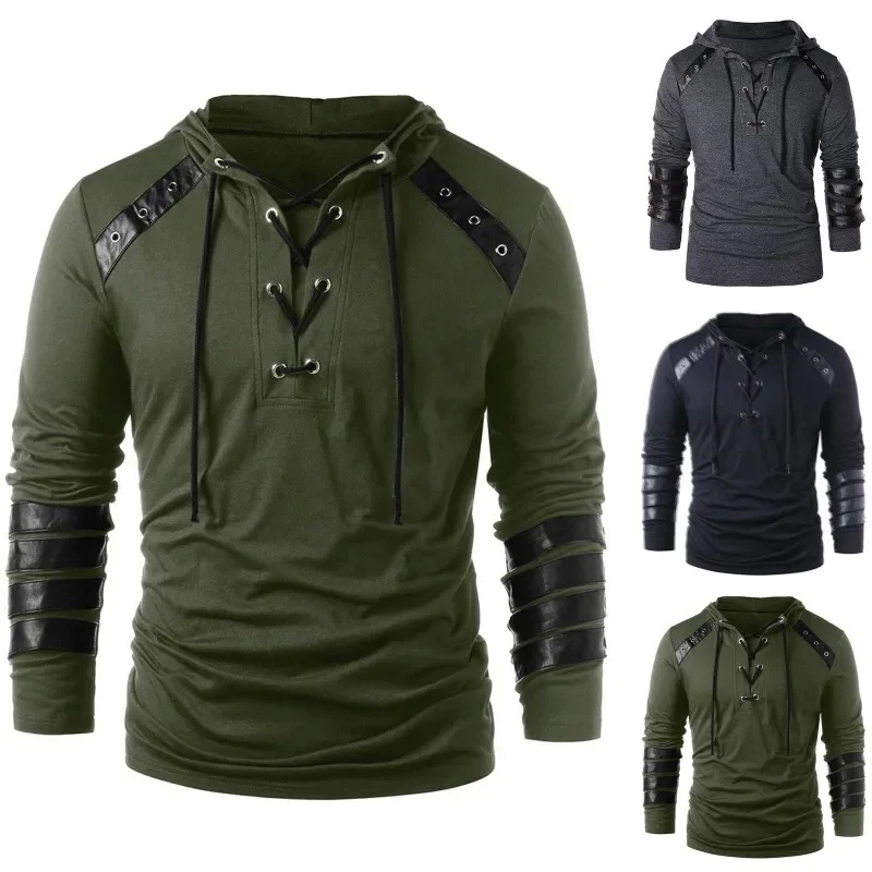 Men's Autumn and Winter Hooded Casual Personality Fashion Hoodie Patchwork Leather Long Sleeve Strap Pullover Top