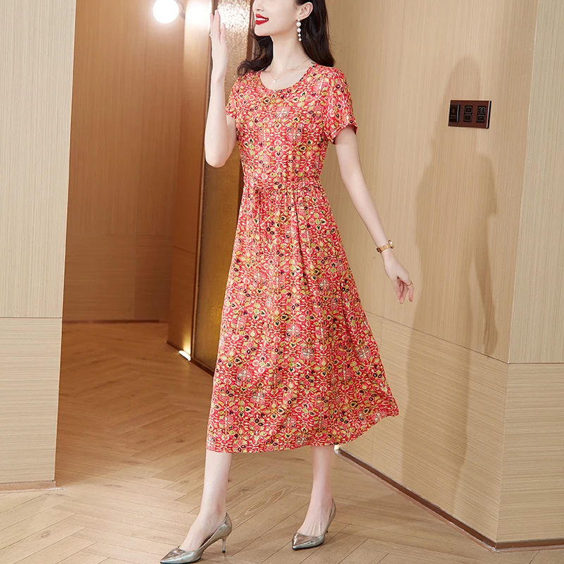 Koreanisches elegantes bedrucktes Seiden kleid Damen Sommer Retro Kurzarm knielanges Kleid neues locker geschnittenes fragmentiertes Blumen kleid