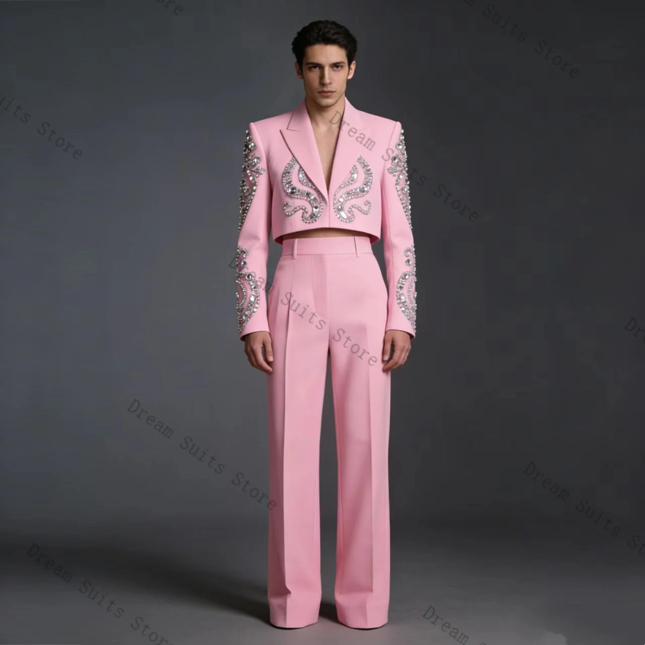 

Crystals Pink Men Suit Set 2 Pcs Short Blazer+Pants Trousers Customized Cotton Formal Office Jacket Wedding Tuxedos Prom Coat