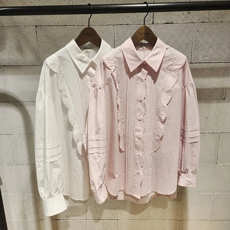 

Универсальная приталенная блузка из чистого хлопка с отложным воротником, в корейском стиле, с пуговицами, асимметричными длинными рукавами, весенняя коллекция