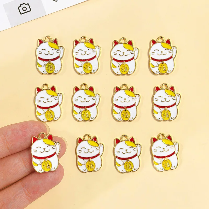 6Pcs Enamel Maneki Neko Charms, Cute Lucky Cat Pendants