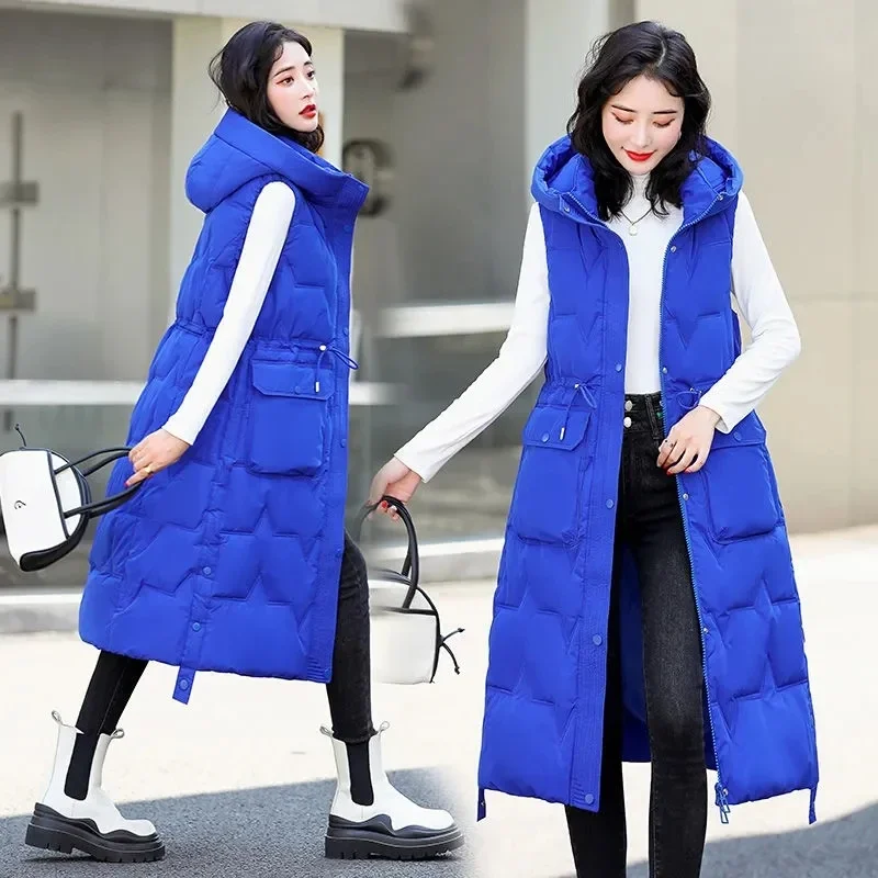 

2025 New Winter Sleeveless Waistcoats Women Black Hooded Long Parkas Vest Warm Zipper Clothes Down Coats Parka Outerwear