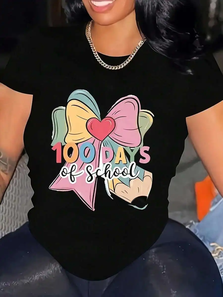 2026 New Fashion Women Crew Neck Black Cotton T-Shirt 100 Days Of School Celebration Theme Print Colorful Butterfly And Heart Graphic Soft Casual Tops Basic Top T-Shirt