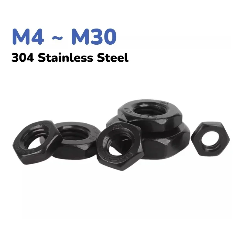 304 Stainless Steel Black Thin Hexagon Nuts M4-M30 Low Profile Lock Nuts