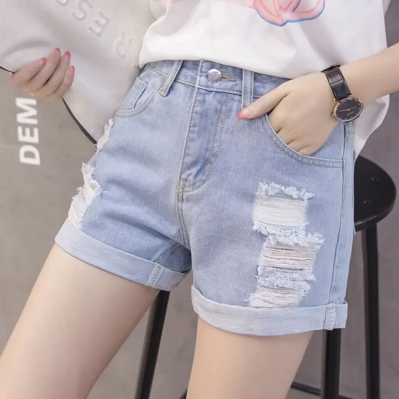 New Women Hollow Out Cuffed Denim Shorts Summer Vintage High Waist Wide Leg Jeans Shorts Spring Fashion Chic Student Hot Pants