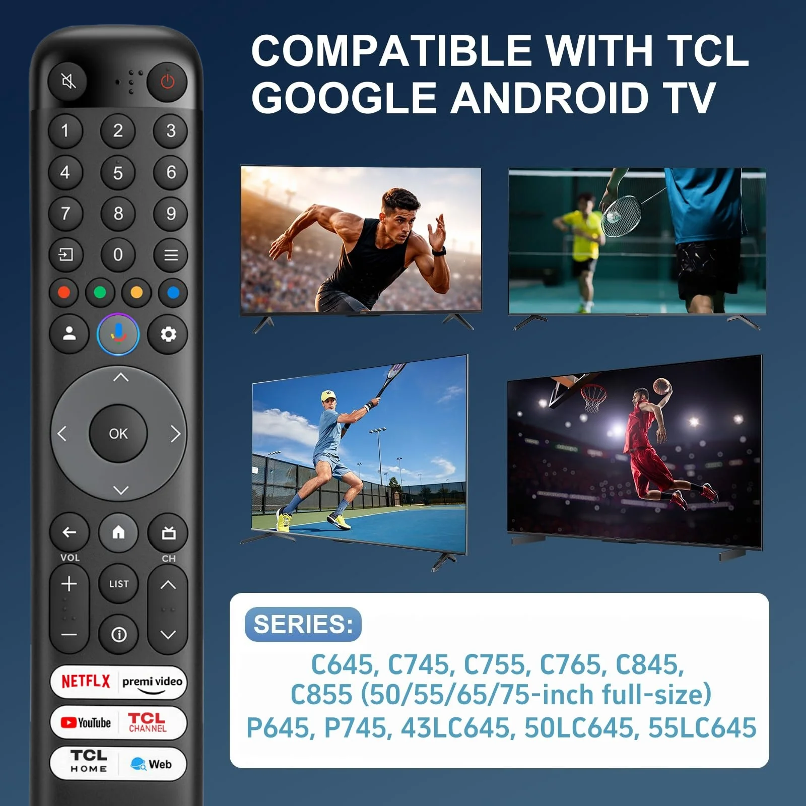 RC833 Voice Remote Control for TCL Android Google Smart TV, Replacement Remote with 6 Shortcut Keys Google Assistant Pairing