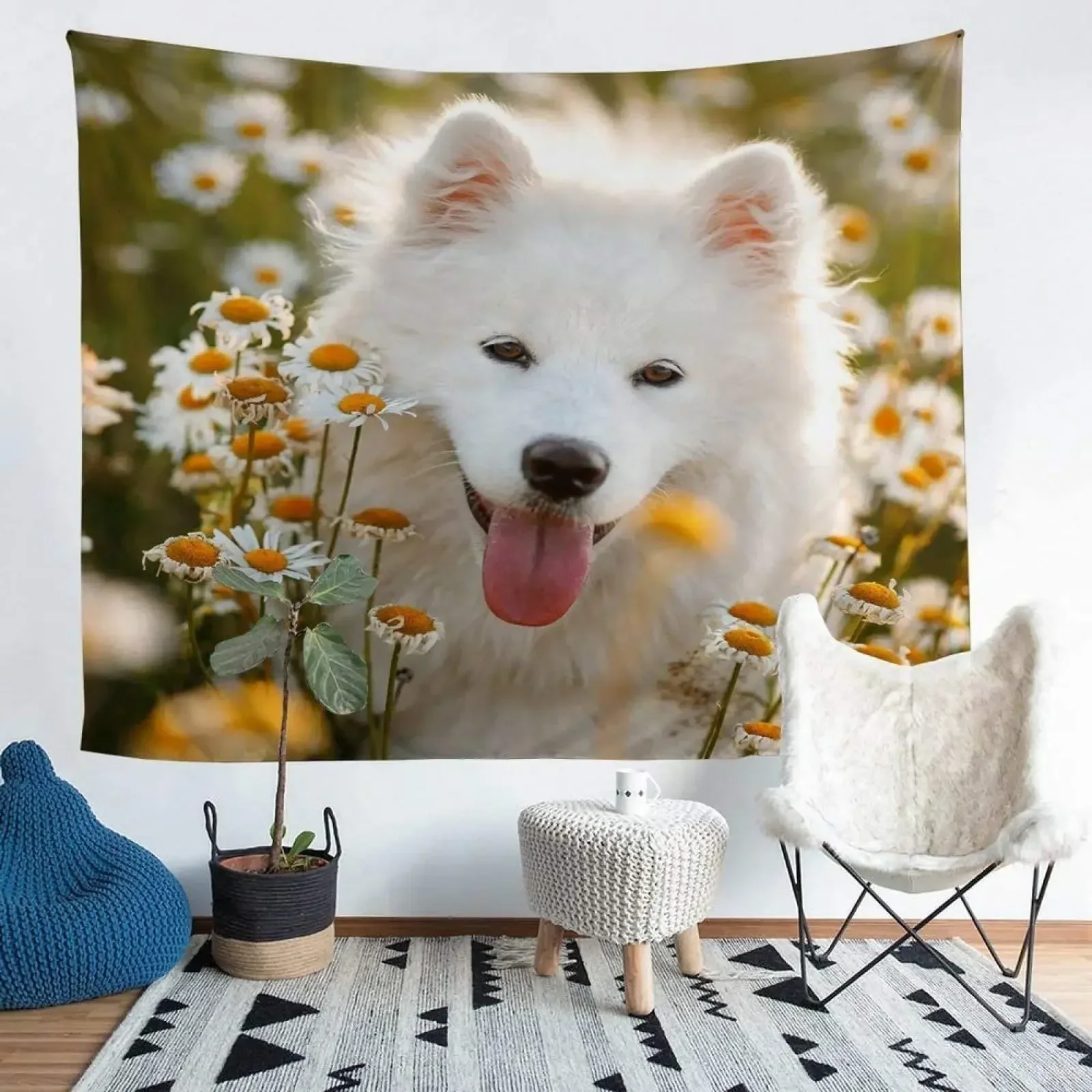 Cute Dog Tapestry Wall Hanging for Teens Boys Girls Daisy Flowers Pet Dog Tapestry Lovely Animal Decor for Bedroom Living Room