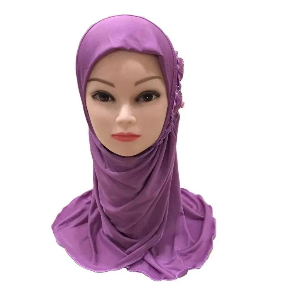Solid Flowers Head Children Hijabs 50cm Turban Girls Muslim Hijab Prayer Hat Elastic Head Wrap Islamic Scarf Shawls