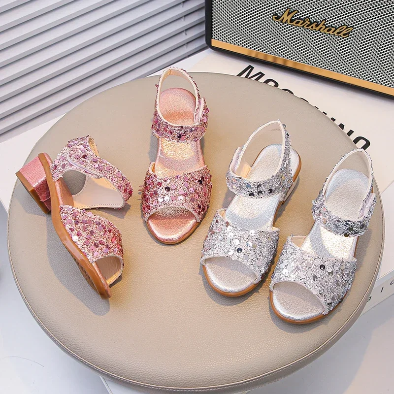 

Kids Princess Shoes Sweet for Girls Sandals Wedding High Heels 2025 Summer New Children Dance Performance Shoes Peep Top Chic