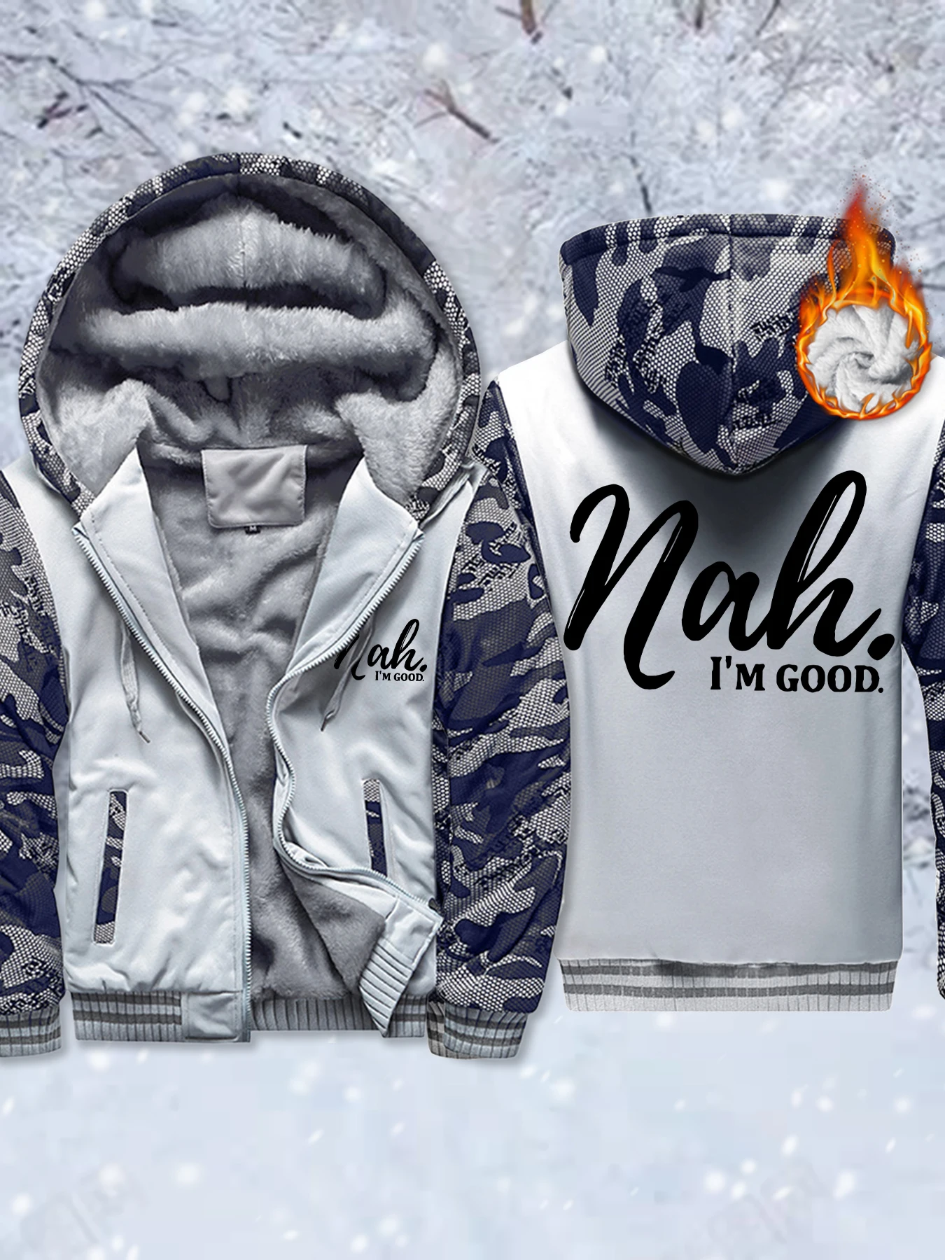 

Nah I'M Good Printed Winter Fashion Mens Jackets Pocket Thicken Clothing Fleece Comfy Outwear Zip-Up Hoodie Warm Basics Coat
