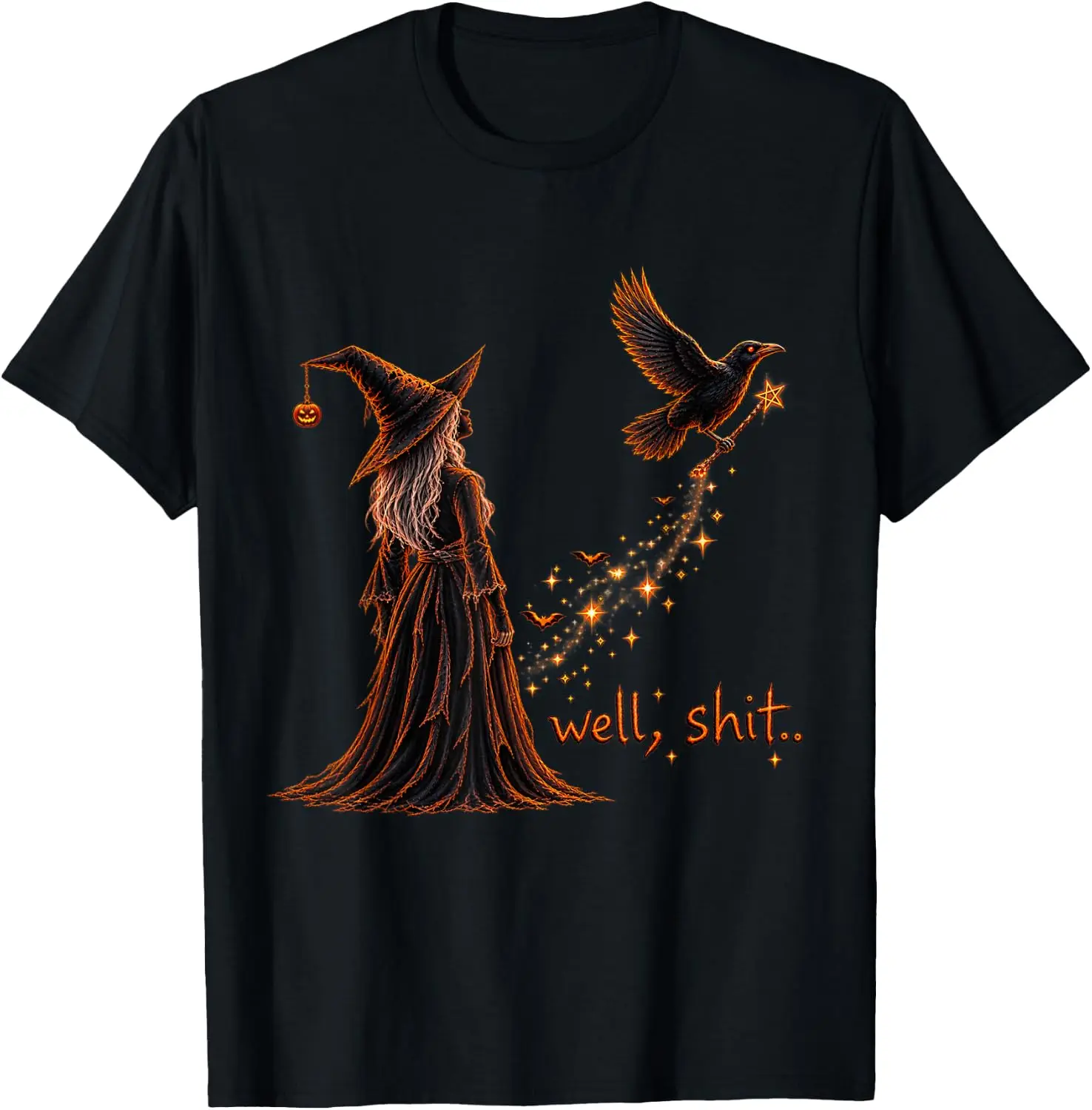 Well Shit Funny Witch Crow Magic Wand Halloween Spooky T-Shirt Men Casual Graphic Print T-Shirt Crew Neck Short Sleeve Vintage Street Style Soft Fabric Daily Wear Tops Holiday Festive, Party Wear, Theme Print Tee.