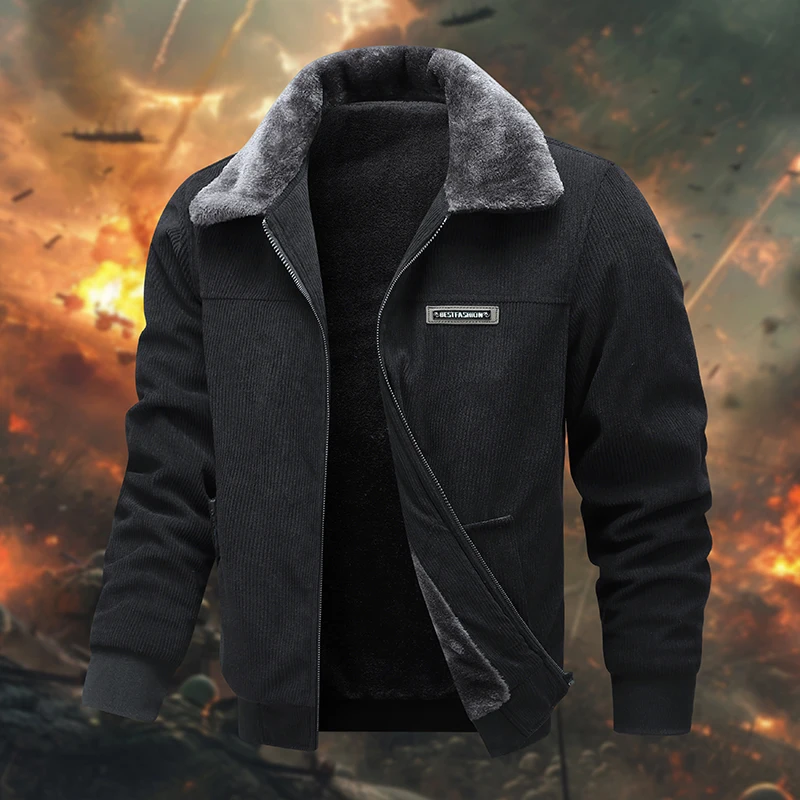 سترة سروال قصير عتيقة للرجال - مبطنة بالصوف، ياقة من الفرو ورقعة من العلامة التجارية، أنيقة للارتداء اليومي، مظهر مستوحى من العسكرية في الهواء الطلق