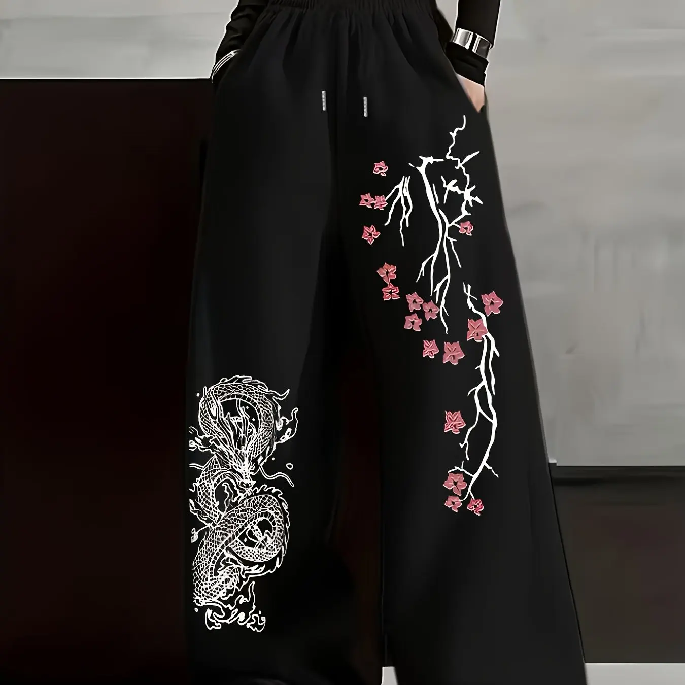 Street Dragon Totem and Plum Blossom Printed Long Pants for Men and Women, Casual Sports Straight Leg Pants