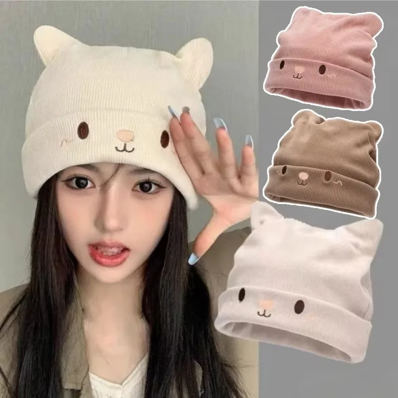 Fashion Cute Cat Pattern Beret Oversized Knitted Hat with 3D Cat Ears Winter Warm Elastic Beanie for Women Outdoor Gift