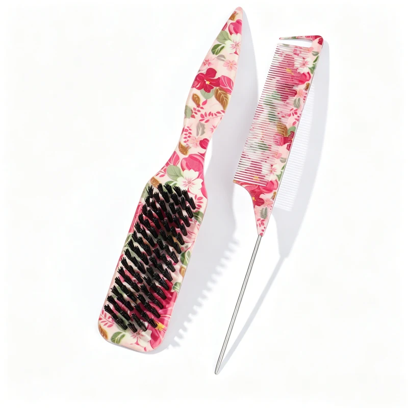 2-Piece Floral Pin Tail Comb Set, Soft Boar Bristles, Durable ABS, Smooth Styling & Grooming for Home & Salon