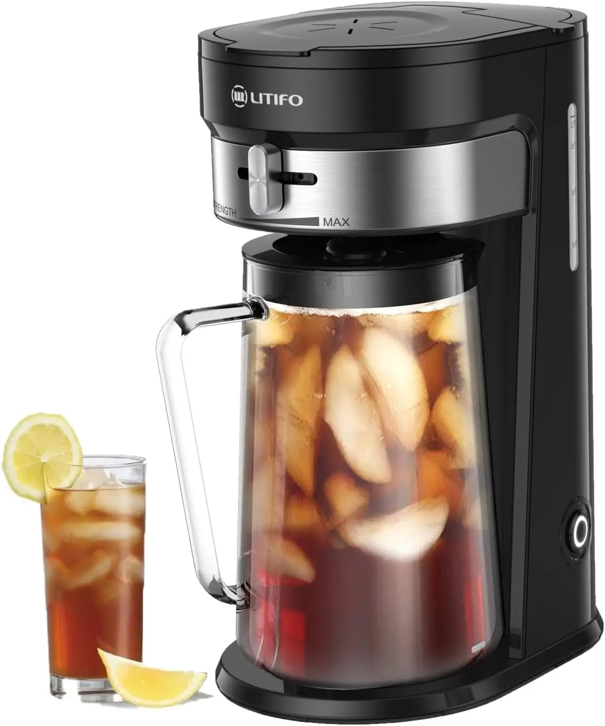 Iced Tea and Coffee Maker with 2.5-Quart Pitcher, Adjustable Strength Selector, Stainless Steel Design