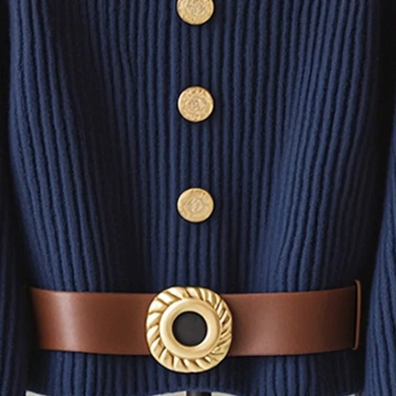 Women Korean Chic Lazy Wind Unique Chic Beautiful Top 2025 Winter Female High Sense Super Good-looking Navy Blue Knitted Sweater