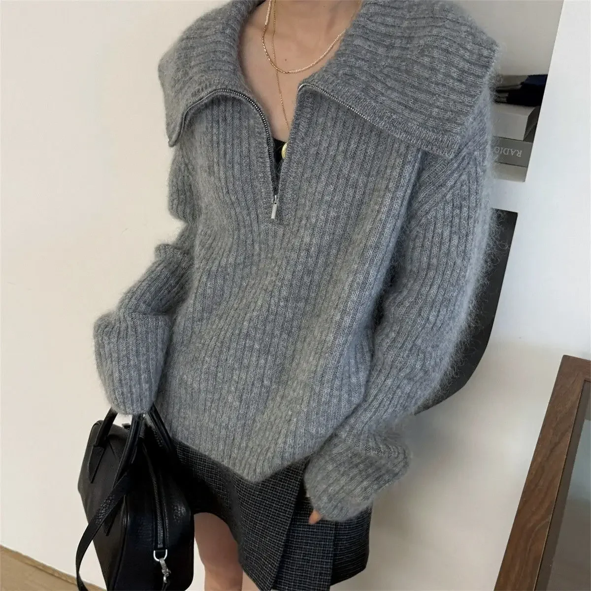 Knitted Women Preppy Style Korean Sueter Mujer Sailor Collar Casual Solid Pullovers Vintage Y2k Half Zipper Sweaters