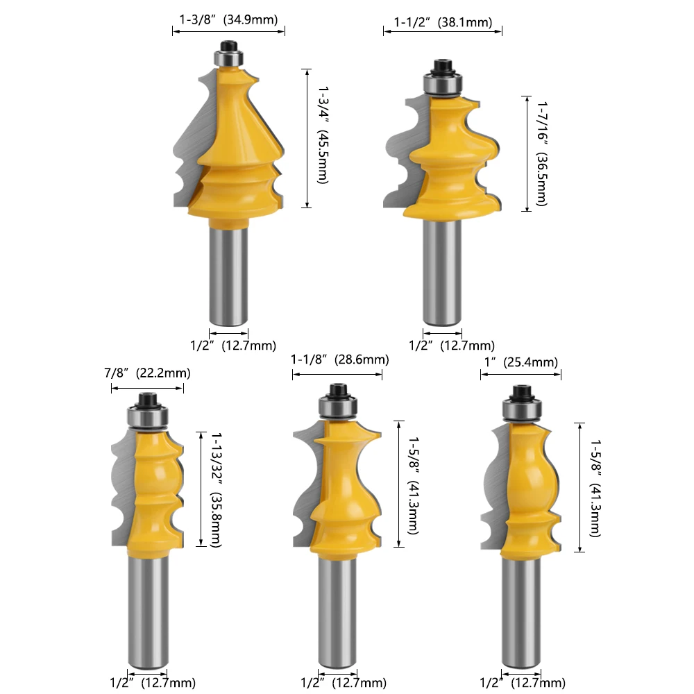 LAVIE 5pcs 12mm 1/2 Inch Shank 12.7mm CNC Line Set Casing & Base Molding Router Bit Woodworking Cutter Milling Cutter MC03087